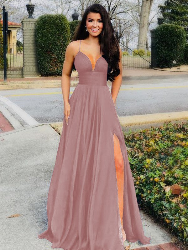 A-Line/Princess Floor-Length V-neck Sleeveless Chiffon Ruffles Prom Dress
