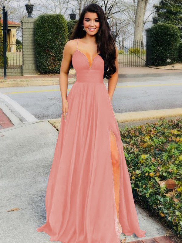 A-Line/Princess Floor-Length V-neck Sleeveless Chiffon Ruffles Prom Dress