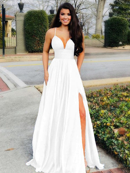 A-Line/Princess Floor-Length V-neck Sleeveless Chiffon Ruffles Prom Dress
