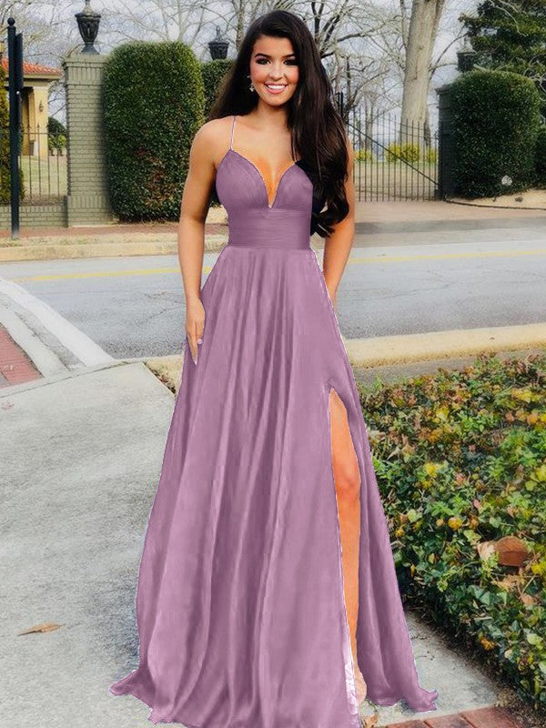 A-Line/Princess Floor-Length V-neck Sleeveless Chiffon Ruffles Prom Dress