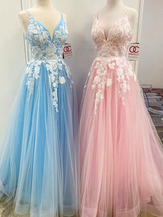 A-Line/Princess Floor-Length V-neck Applique Sleeveless Tulle Prom Dress