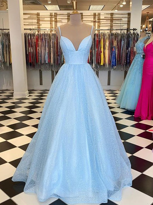 A-Line/Princess Floor-Length V-neck Sleeveless Tulle Ruffles Prom Dress