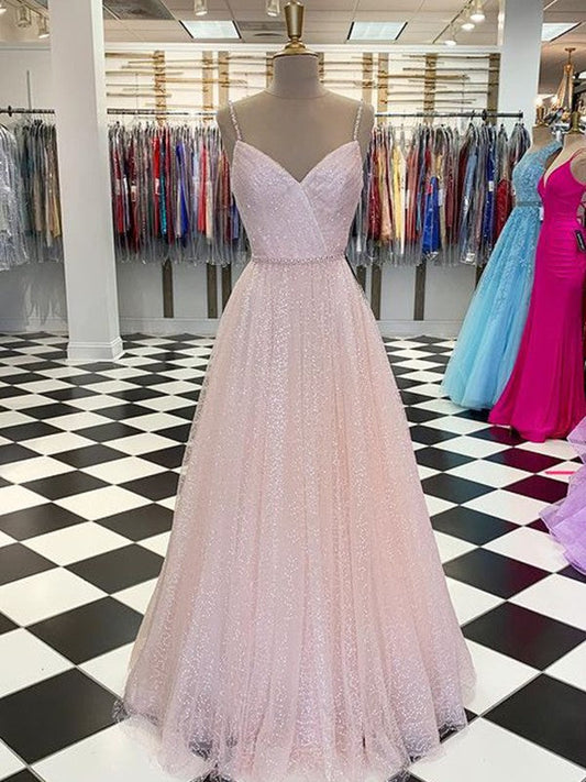 A-Line/Princess Floor-Length Spaghetti Straps Sleeveless Tulle Ruffles Prom Dress