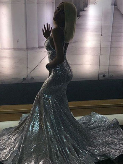Trumpet/Mermaid Court Train V-neck Sleeveless Sequins Prom Dress