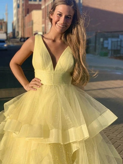 Ball Gown Floor-Length V-neck Ruffles Sleeveless Tulle Prom Dress