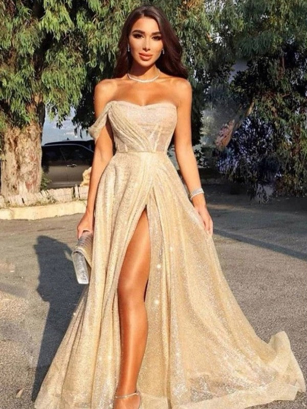 A-Line/Princess Sequins Sweep/Brush Train Strapless Sleeveless Prom Dress