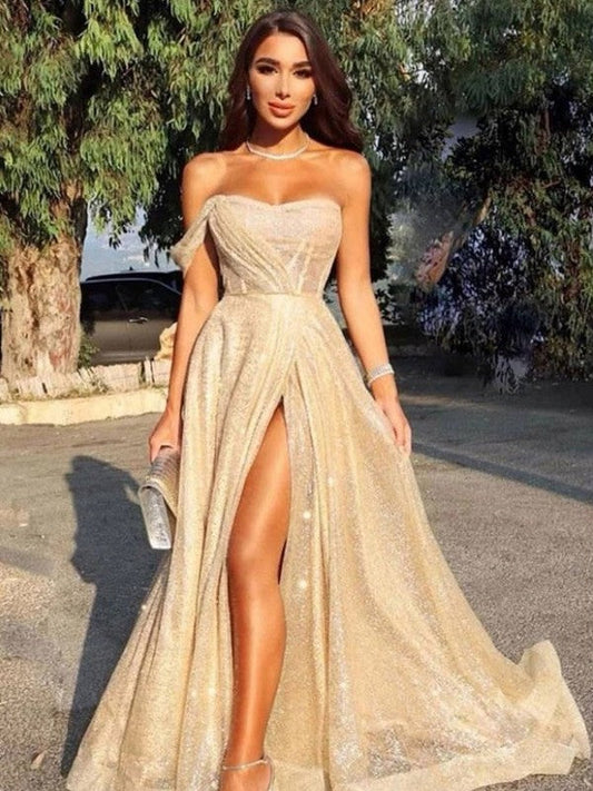 A-Line/Princess Sequins Sweep/Brush Train Strapless Sleeveless Prom Dress