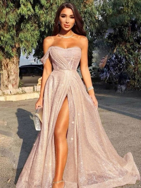 A-Line/Princess Sequins Sweep/Brush Train Strapless Sleeveless Bridesmaid Dresses