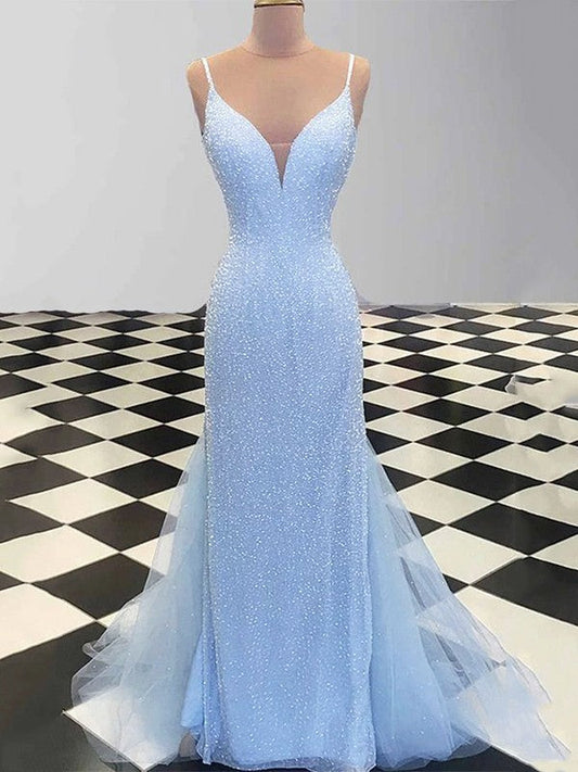 Sheath/Column Spaghetti Straps Sleeveless Tulle Sequin Sweep/Brush Train Prom Dress