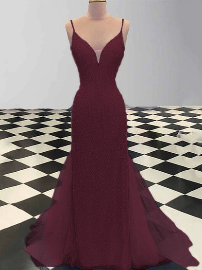 Sheath/Column Spaghetti Straps Sleeveless Tulle Sequin Sweep/Brush Train Prom Dress