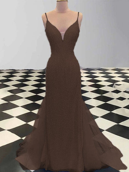Sheath/Column Spaghetti Straps Sleeveless Tulle Sequin Sweep/Brush Train Prom Dress