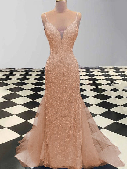 Sheath/Column Spaghetti Straps Sleeveless Tulle Sequin Sweep/Brush Train Prom Dress