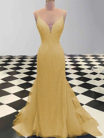 Sheath/Column Spaghetti Straps Sleeveless Tulle Sequin Sweep/Brush Train Prom Dress
