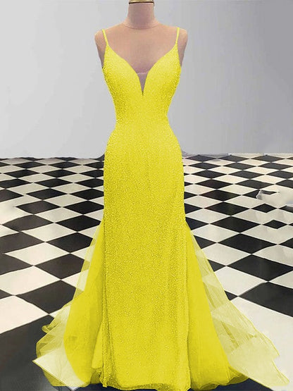 Sheath/Column Spaghetti Straps Sleeveless Tulle Sequin Sweep/Brush Train Prom Dress