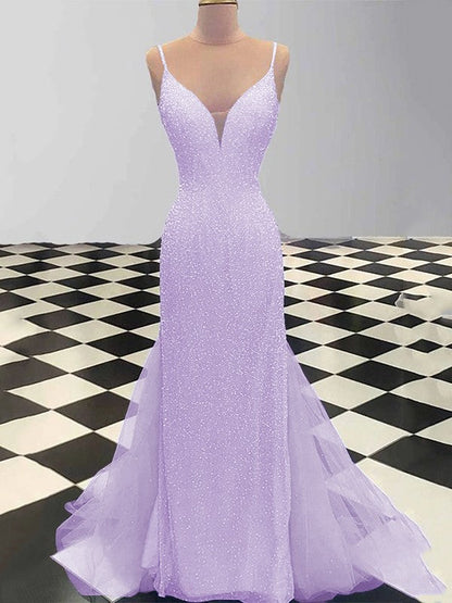 Sheath/Column Spaghetti Straps Sleeveless Tulle Sequin Sweep/Brush Train Prom Dress