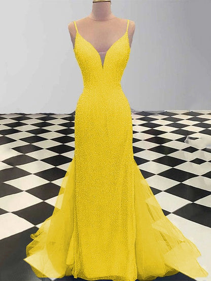 Sheath/Column Spaghetti Straps Sleeveless Tulle Sequin Sweep/Brush Train Prom Dress