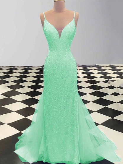Sheath/Column Spaghetti Straps Sleeveless Tulle Sequin Sweep/Brush Train Prom Dress