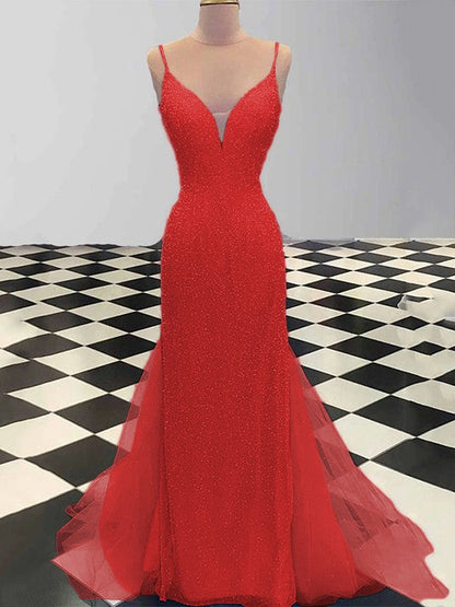 Sheath/Column Spaghetti Straps Sleeveless Tulle Sequin Sweep/Brush Train Prom Dress