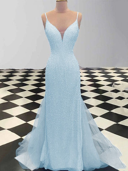 Sheath/Column Spaghetti Straps Sleeveless Tulle Sequin Sweep/Brush Train Prom Dress