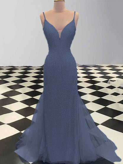 Sheath/Column Spaghetti Straps Sleeveless Tulle Sequin Sweep/Brush Train Prom Dress