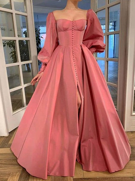 A-Line/Princess Long Sleeves Square Ruffles Satin Floor-Length Prom Dress