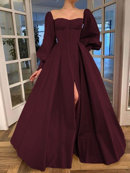 A-Line/Princess Long Sleeves Square Ruffles Satin Floor-Length Prom Dress