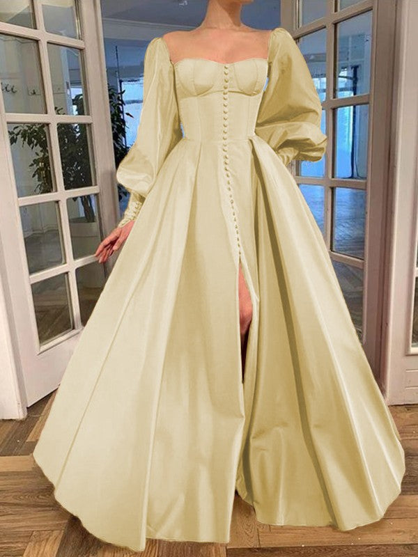 A-Line/Princess Long Sleeves Square Ruffles Satin Floor-Length Prom Dress