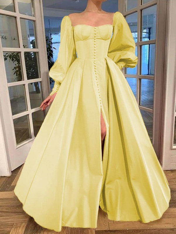 A-Line/Princess Long Sleeves Square Ruffles Satin Floor-Length Prom Dress