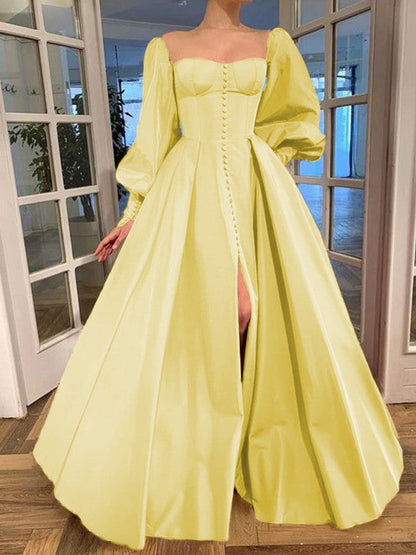 A-Line/Princess Long Sleeves Square Ruffles Satin Floor-Length Prom Dress