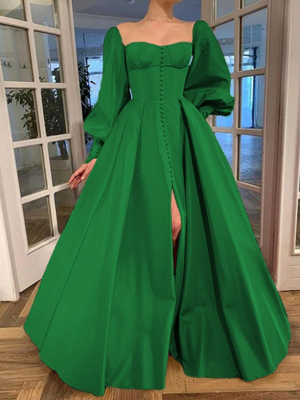 A-Line/Princess Long Sleeves Square Ruffles Satin Floor-Length Prom Dress