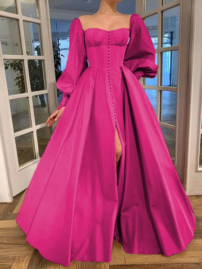 A-Line/Princess Long Sleeves Square Ruffles Satin Floor-Length Prom Dress
