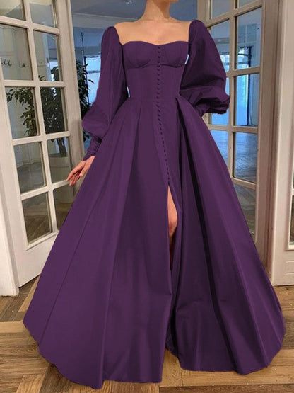 A-Line/Princess Long Sleeves Square Ruffles Satin Floor-Length Prom Dress
