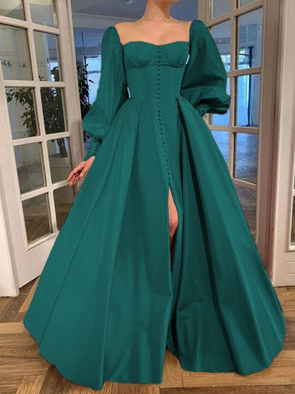 A-Line/Princess Long Sleeves Square Ruffles Satin Floor-Length Prom Dress