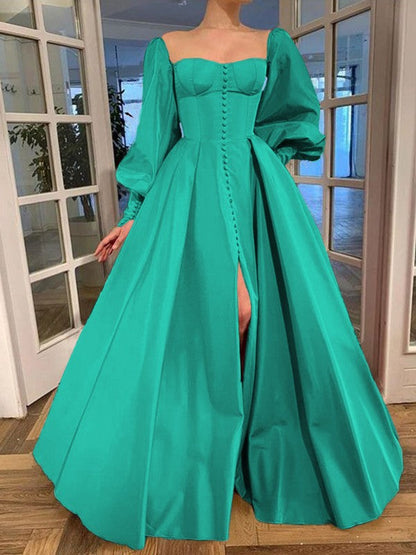 A-Line/Princess Long Sleeves Square Ruffles Satin Floor-Length Prom Dress