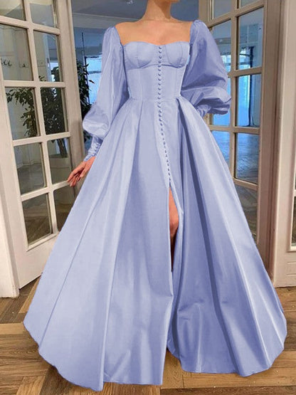 A-Line/Princess Long Sleeves Square Ruffles Satin Floor-Length Prom Dress