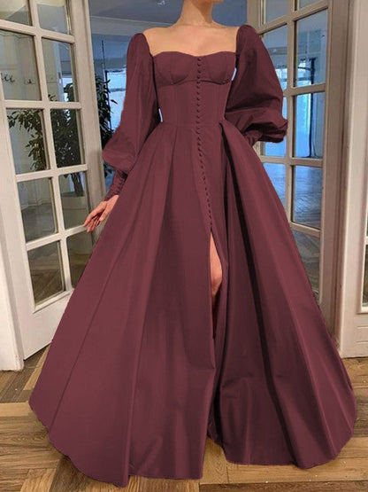 A-Line/Princess Long Sleeves Square Ruffles Satin Floor-Length Prom Dress