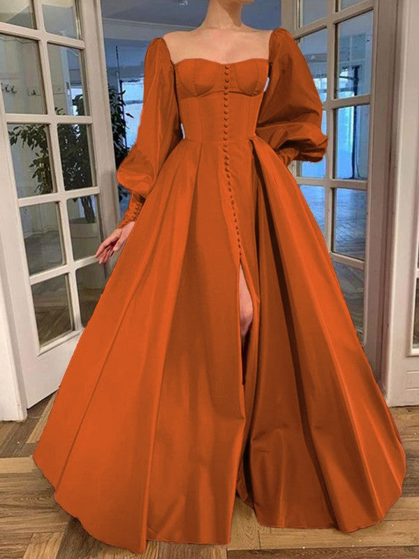 A-Line/Princess Long Sleeves Square Ruffles Satin Floor-Length Prom Dress