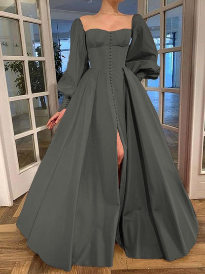 A-Line/Princess Long Sleeves Square Ruffles Satin Floor-Length Prom Dress