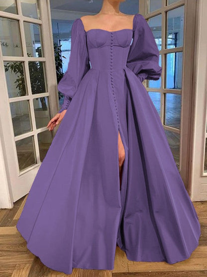 A-Line/Princess Long Sleeves Square Ruffles Satin Floor-Length Prom Dress