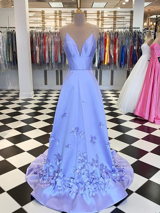 A-Line/Princess Satin Hand-Made Flower V-neck Sleeveless Sweep/Brush Train Prom Dress