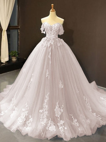 Ball Gown Tulle Off-the-Shoulder Sleeveless Applique Chapel Train Prom Dress