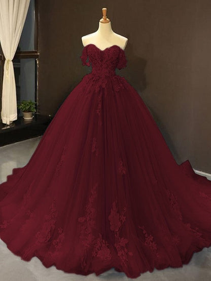 Ball Gown Tulle Off-the-Shoulder Sleeveless Applique Chapel Train Prom Dress