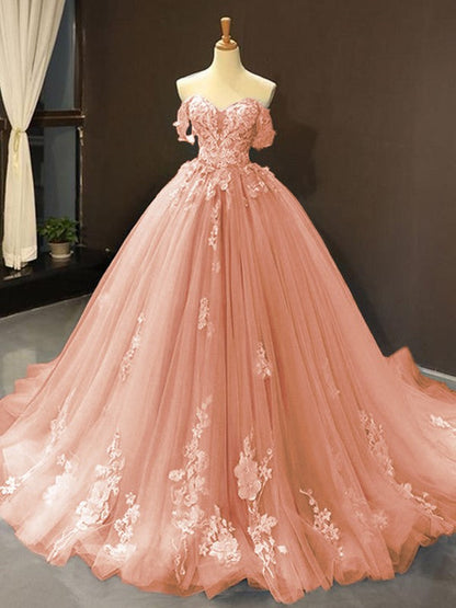 Ball Gown Tulle Off-the-Shoulder Sleeveless Applique Chapel Train Prom Dress