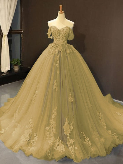 Ball Gown Tulle Off-the-Shoulder Sleeveless Applique Chapel Train Prom Dress