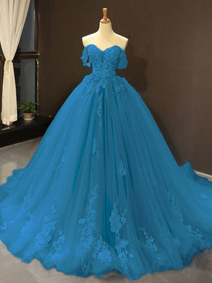Ball Gown Tulle Off-the-Shoulder Sleeveless Applique Chapel Train Prom Dress