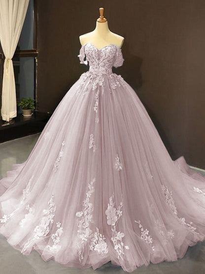 Ball Gown Tulle Off-the-Shoulder Sleeveless Applique Chapel Train Prom Dress