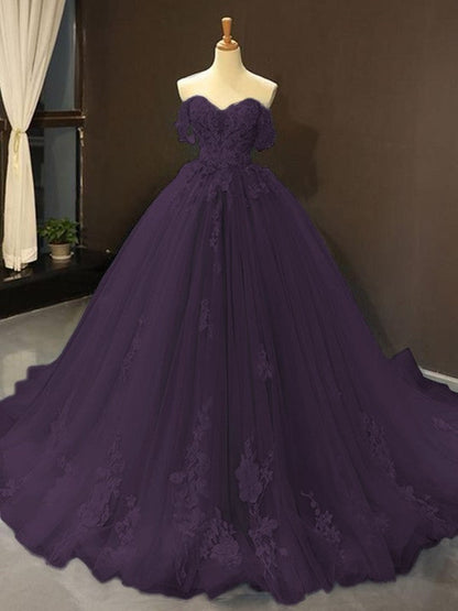 Ball Gown Tulle Off-the-Shoulder Sleeveless Applique Chapel Train Prom Dress
