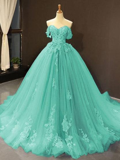 Ball Gown Tulle Off-the-Shoulder Sleeveless Applique Chapel Train Prom Dress