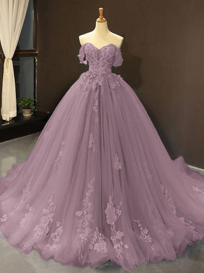 Ball Gown Tulle Off-the-Shoulder Sleeveless Applique Chapel Train Prom Dress