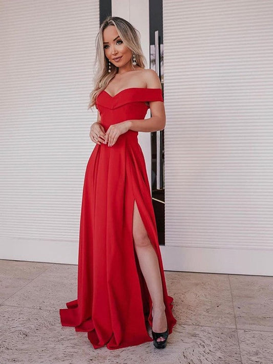 A-Line/Princess Off-the-Shoulder Stretch Crepe Sleeveless Ruffles Sweep/Brush Train Prom Dress